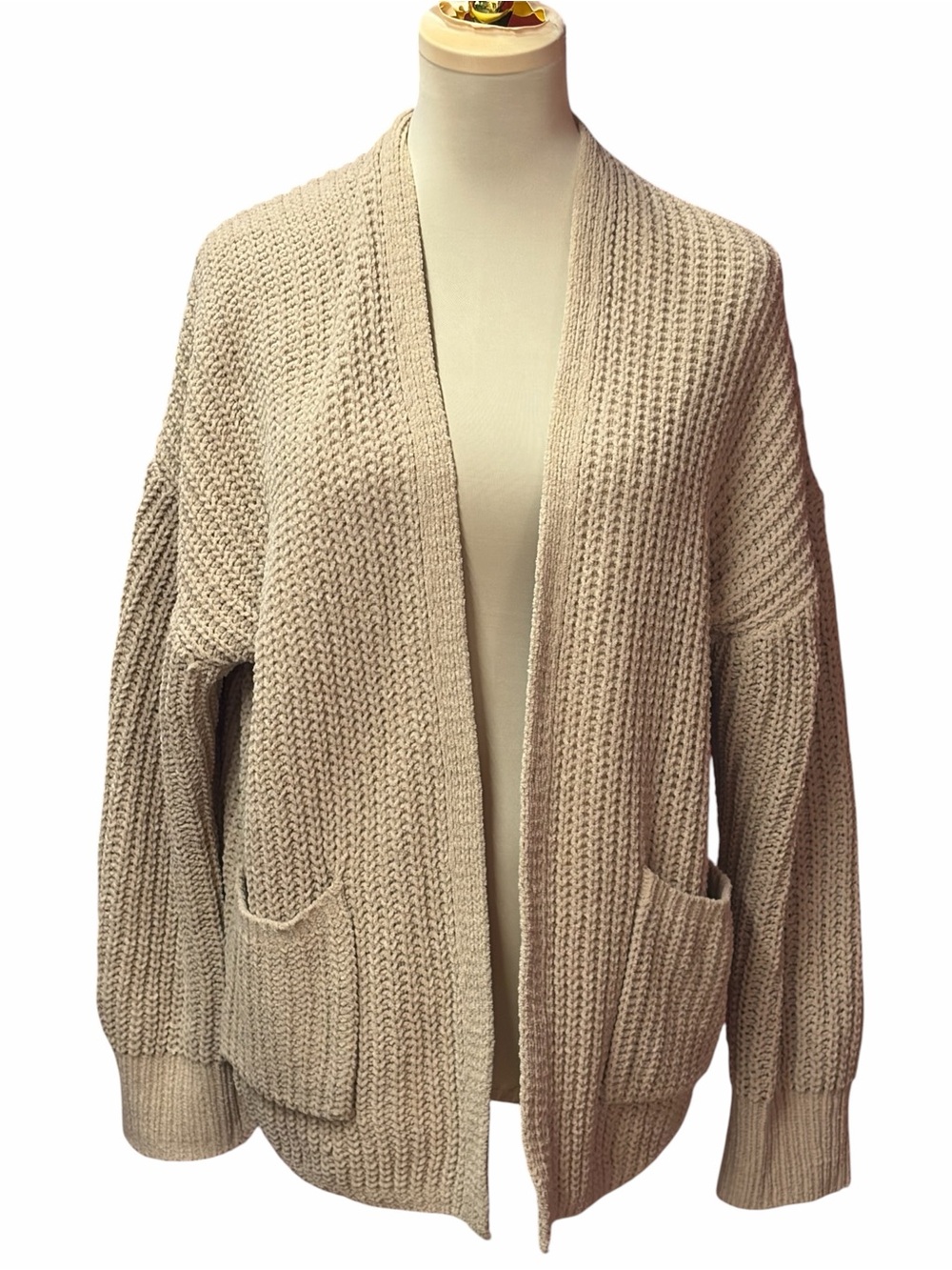 Beige Open-Front Chunky Knit Cardigan Sweater